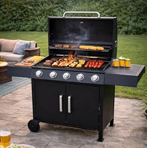 5 Gas Barbecue Grill 4 + 1 Side Gas Burner Outdoor Cooking Grill with Warming Grill, Thermometer, Regulator Gauge, Shelves, & Cabinet