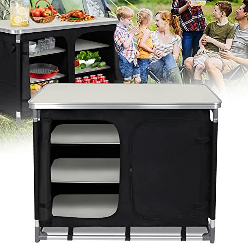 LARS360 Armoire de camping pliable, casier de rangement, plateau de table, avec sac de transport (6 compartiments et 1 table)