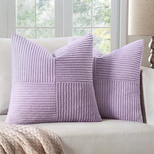 Image of MIULEE Purple Decorative Throw Pillow Covers 18x18 Inch for Couch Bed Sofa Pack of 2 Lavender Boho Farmhouse Throw Pillows Soft Cross Corduroy Patchwork Textured Cushion Cases