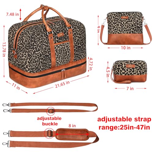 Image of Weekender Bag for Women, Large Overnight Bag Canvas Travel Duffel Bag Carry On Tote with Shoe Compartment 21 inch 3Pcs Set, A02-brown+brown leopard, Large, Practical