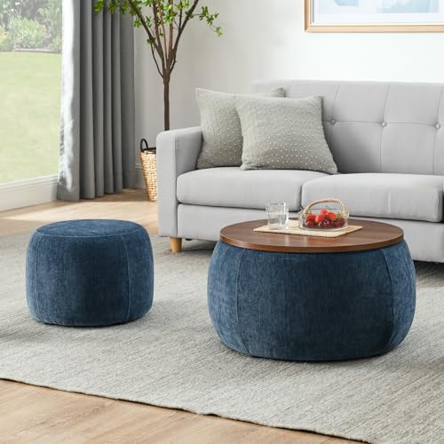 Round Ottoman with Storage Set of 2, Chenille Circular Small