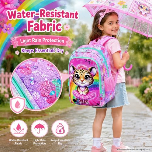 Image of CCJPX 3PCS Ballet Backpack for Girls, 16 Inch Kids Leopard Water Resistant Preschool Bookbags, Cute Elementary Kindergarten School Backpacks and Lunch Box