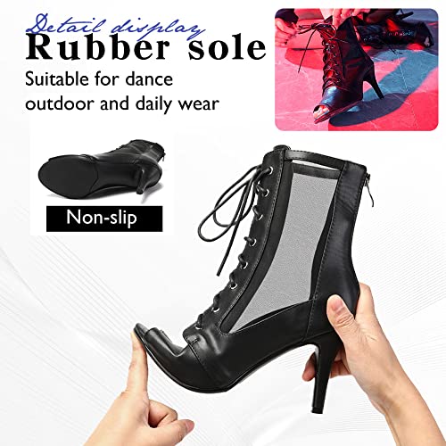 HIPPOSEUS Women's Net Yarn Latin Salsa Dance Booties Peep Toe Ballroom Ankle Boots Lace up Heels Class Dance Shoes4
