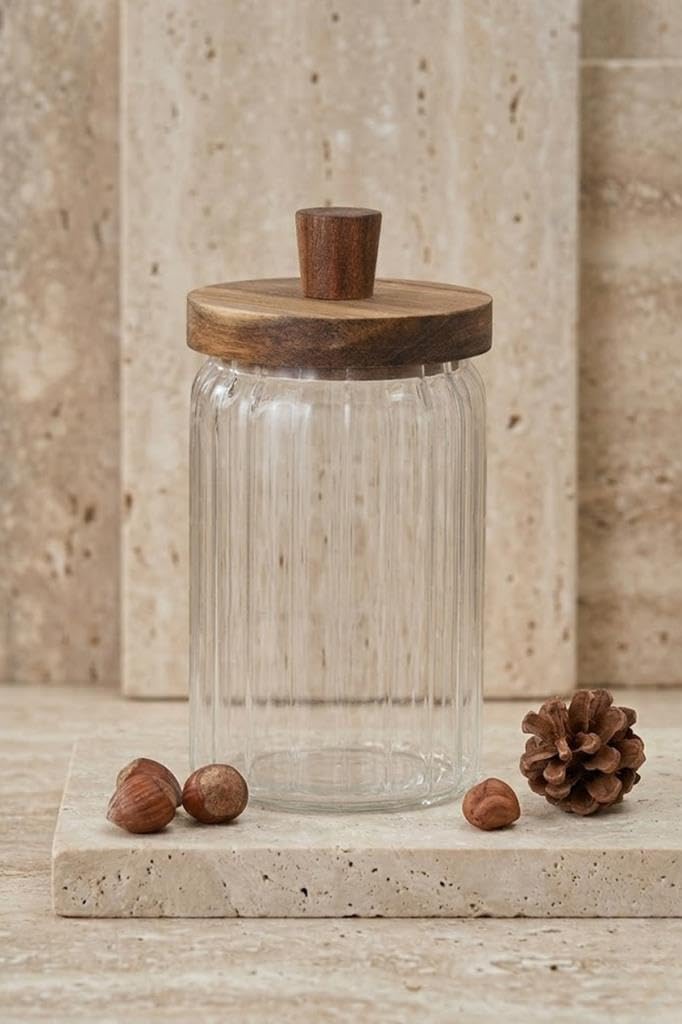 Atbyhome Ahşap Kapaklı Borosilikat Cam Saklama Kabı 700 ml - Oluklu Cam Kavanoz