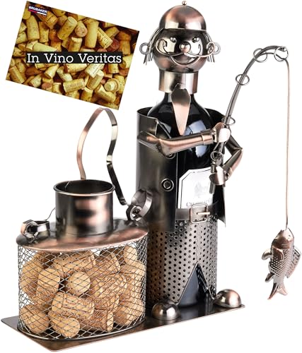 BRUBAKER Porte Bouteilles de Vin Pêcheur avec Poisson et Seau pour Le Rangement des Bouchons - Cadeau Figure en Métal - Cadeau de Vin Porte Bouteilles avec...