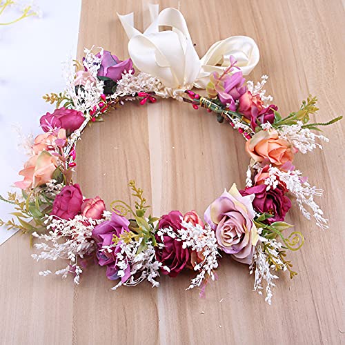 DDazzling Women Flower Headband Wreath Crown Floral Wedding Garland Wedding Festivals Photo Props (Purple Pink Ivory) - Thumbnail 4