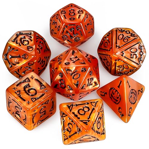 QMAY DND Dice Kit de sauce polyhédrale - 7 pièces pour donjon et dragons MTG RPG D&D D20, D12, D10, D%, D8, D6, D4 (Halloween orange)
