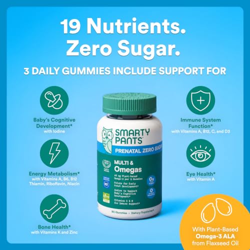 Image of SmartyPants Zero Sugar Prenatal Multi & Omegas Multivitamin Gummies with Omega 3 ALA, Methylfolate, Biotin, Vitamins D3, C, No Sugar Alcohols, Clean Label, Lemon Flavor, 90 Gummies (30 Day Supply)