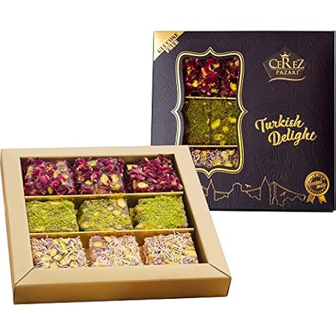 Cerez Pazari Turkish Delight Pistachio with Fantastic Rose & Pomegranate Flavour Experience in Luxury Gift Box 250g | Assorted Gourmet Soft Candy, Sweet Vegan Traditional Lokum (Loukoumi) (9-11 Pcs) Cover