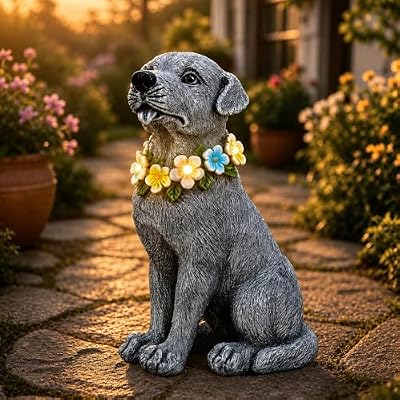 Nacome Solar Dog Garden Statue: Weather Resistant Durable Resin Sculptures with Auto Lighting - Outdoor Lawn Porch Patio Yard Art Decor - Gifts for Mom Grandma Dog Lovers(Grey)