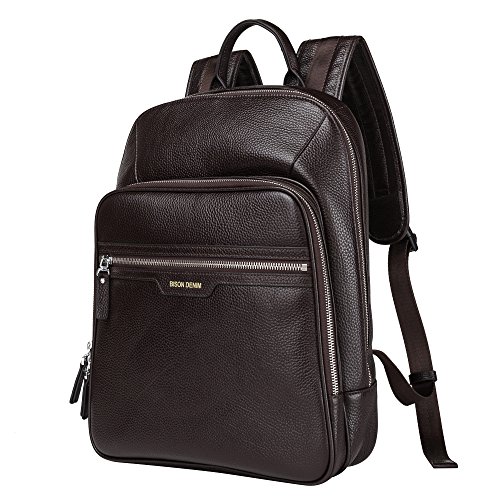 BISON DENIM mochila clássica para laptop escolar couro genuíno bolsa de livro faculdade viagem viagem mochila preta ajuste 14 em laptop, Marrom, Large