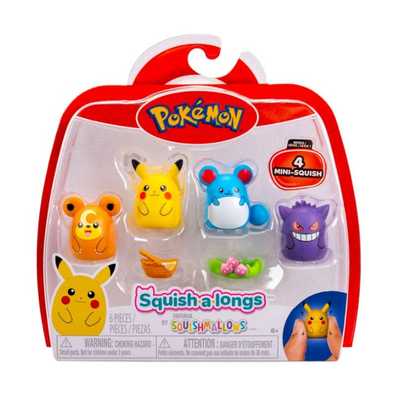 Squish-a-longs SQAL0068 4-Pack - Pikachu, Gengar, Marill, Teddiursa - 2 Accessories Included