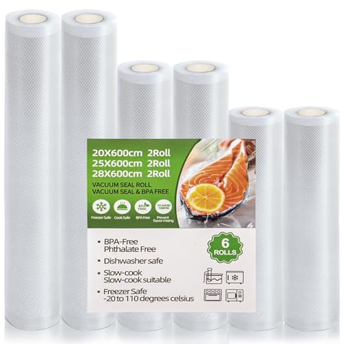 NXPZ Bolsas de Vacío para Alimentos, 6 Rollos en Tamaños 20cm, 25cm, 28cm Ancho x 600cm Largo, Compatibles con Todas las Envasadoras al Vacío, Bolsas Selladoras de Conservación sin BPA