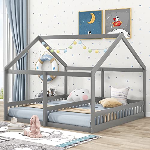 P PURLOVE Double Twin Bed Frames for 2 Kids,Twin Size Double Floor Bed with Fence Railings,Two Twin Floor Bed Frame for Kids,Teens,Boys & Girls,Gray