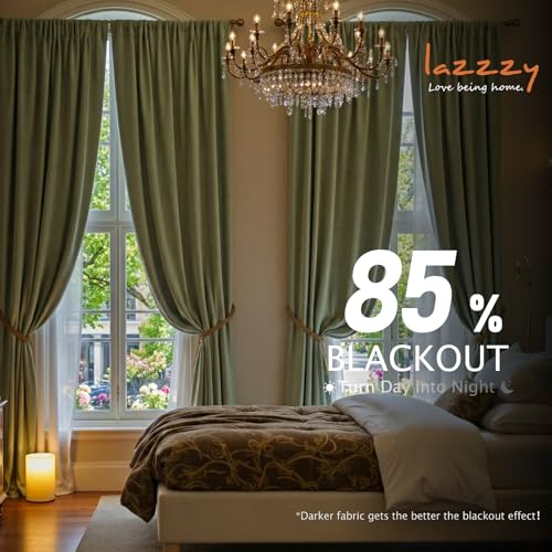 Image of Polyester Blackout Curtains Thermal Insulated Room Window Drapes Super Soft Luxury Curtains for Living Room Bedroom Rod Pocket 2 Panels, Olive Sage, 52 inch W x 96 inch L | Soft Velvet, For Bedroom & Living Space, Light Shifting Texture, Elegant Drape, Serene, Fresh