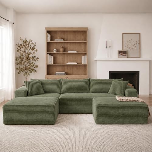 Image of Claiks 104 inch Boneless Couch, U-Shape Corduroy Sectional Sofa, Green