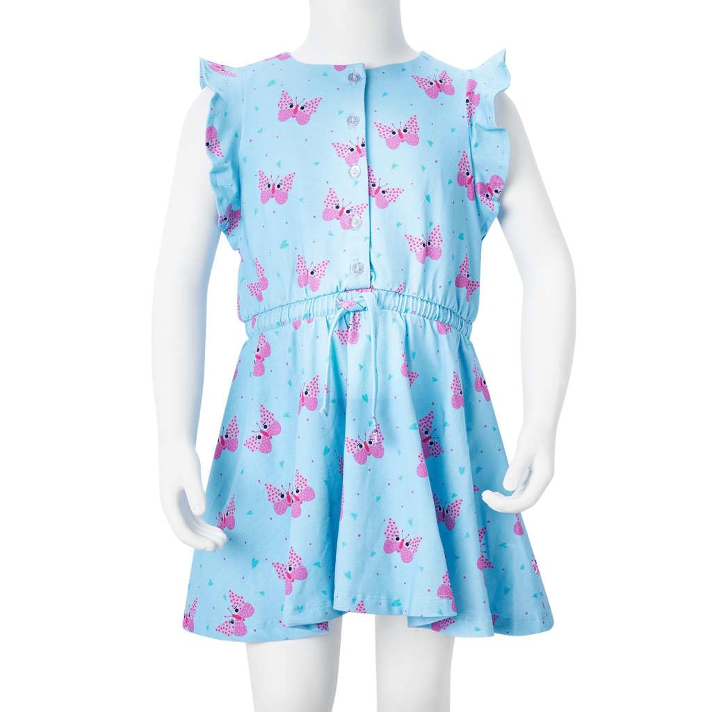 Vestido infantil niña azul verano sin mangas, algodón, volantes, botones, estampado de corazón y mariposa, adecuado para guardería, fiesta, cumpleaños, vacaciones, cómodo, transpirable
