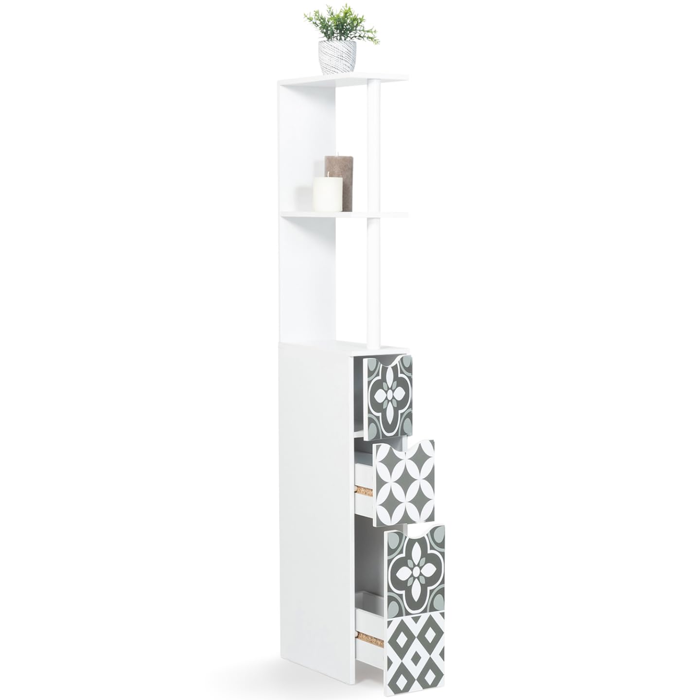 IDMarket - Scaffalatura per toilette a 3 ante in legno bianco con piastrelle in cemento grigio WILLY