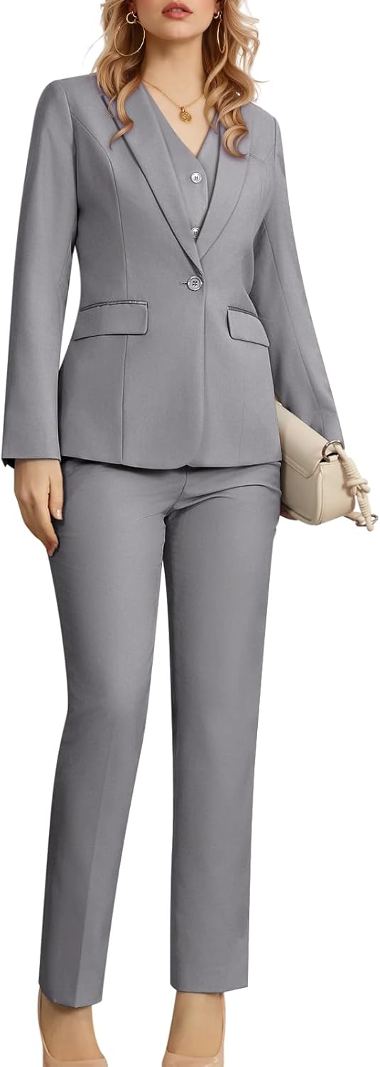 Women’s 3 Piece Suit Lady Business Casual Office One Button Slim Fit Blazer Jacket Vest Pants Set