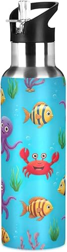 Cute Colorful Cartoon Fish Stainless Steel Vacuum Insulated Water Bottle 32 Oz Leakproof Water Bottles, BPA-Free Sports Water Bottle