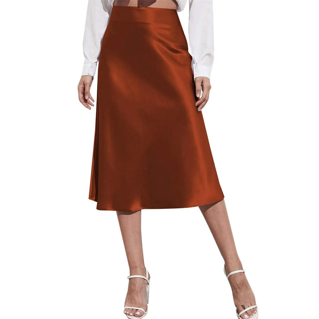 Jupes en satin de soie pour femme - Jupe taille haute - Jupe trapèze élégante d'été unie