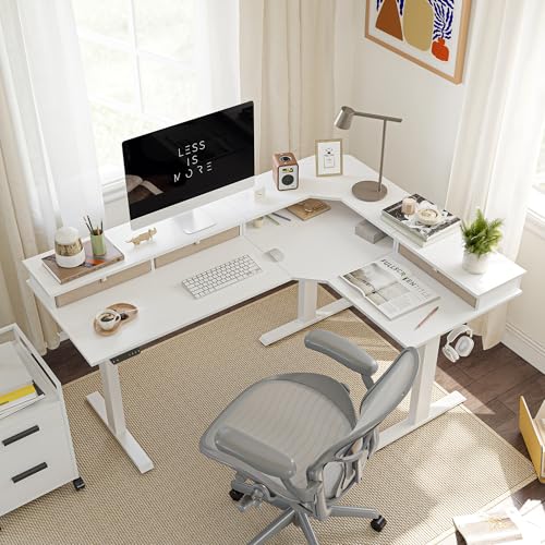 Image of FEZIBO Triple Motor 63 inch L Shaped Standing Desk with 3 Drawers, Electric Standing Gaming Desk Adjustable Height, Corner Stand up Desk with Splice Board, White Frame /White Top