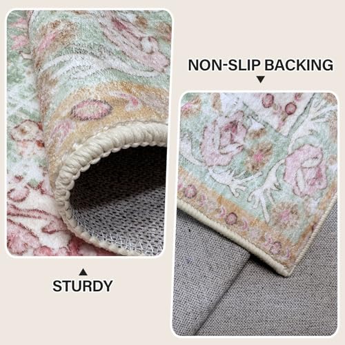 Tapete grande boho vintage lavable 5x7 verde y rosa miniatura 5