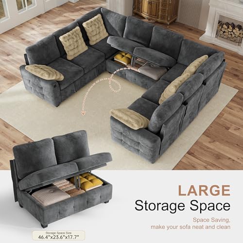Image of Hanherry Sectional Couch with Pull Out Sofa Bed,Chenille Sleeper Sofa with 2 Seat Storage & USB Charging,Comfy L Shaped Modular Couches for Living Room,Apartment