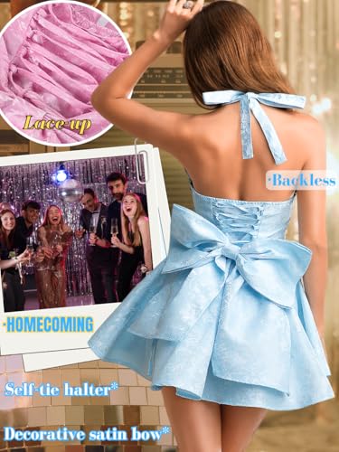 Image of ShawGobow Jacquard Corset Dress,Deep V Halter Mini Dresses with Bow Back,Sexy Birthday Outfits Women Homecoming Prom Formal
