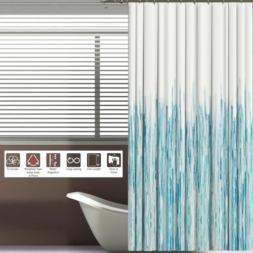 Image of Sassoon Mountain Blue Polyester Washable 1 Piece Printed Bathroom Shower Curtain with Hooks - 6.5ft