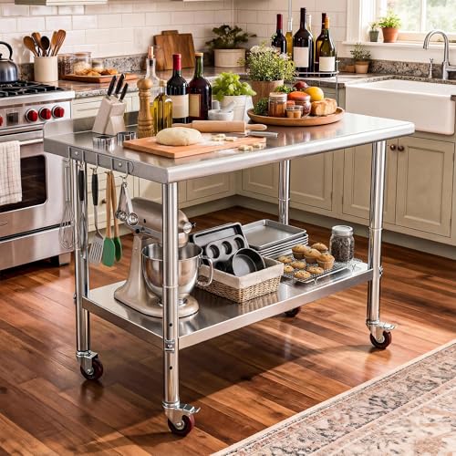 Image of DWVO 36x24in Stainless Steel Table Backsplash & Wheels | NSF Metal Prep Worktable for Kitchen Restaurant Hotel Garage Warehouse Home Commercial