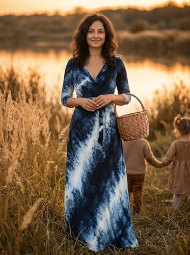 Image of PinkPatty Women's Print Maxi Dresses 3 /4 Sleeve Flowy Long Dress V Neck Wrap Tie Waist Sundress