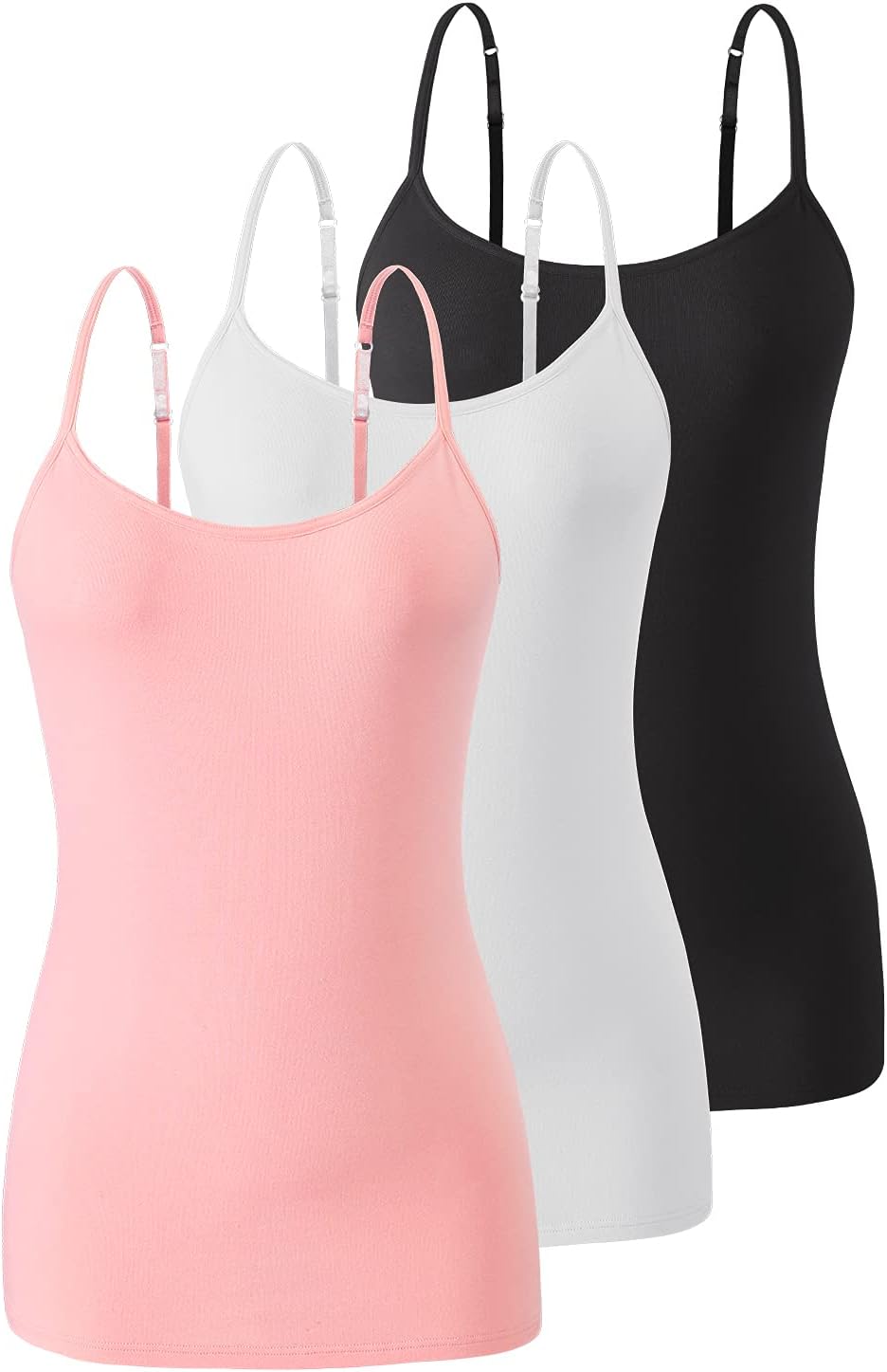 Air Curvey 3 Pack Camisole Tops for Women Built in Bra Adjustable Strap Soft Cotton Undershirt Tanks Seamless Layering Tops