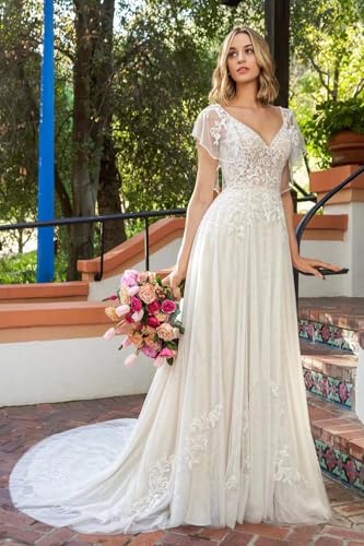 LORIE Wedding Dresses for Bride Long Sleeves 2025 Sexy V Neck A-Line Lace Applique Boho Beach Bridal Gowns with Train2