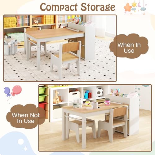 Image of Costzon Kids Table and Chairs, 3 in 1 Wooden Art Drawing Table with 2 Chairs, 4 Fabric Bins, Multiple Open Storage Compartments & a Paper Roll, Toddler Table and Chair Set (Natural)