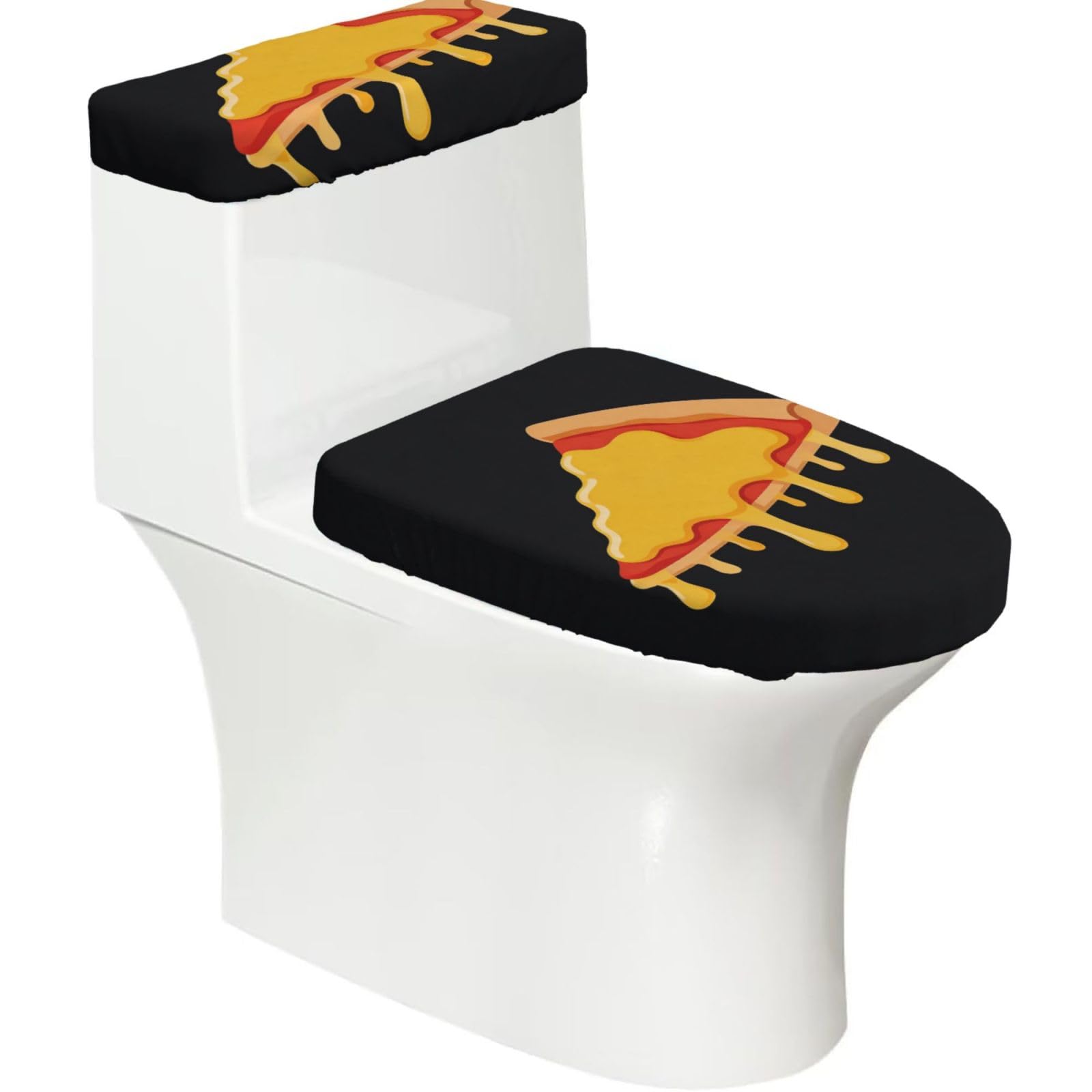 Flat Pizza Slice Elastic Toilet Cover Set of 2-Stretchy Lid and Tank Covers for Bathroom, Soft Washable U Shape Toilet Decor