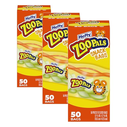 Image of Hefty Zoo Pals Press to Close Snack Bags, 50 Count, Easy Cleanup, For Lunches, Snack Time, Car Trips, and More (Pack of 3)