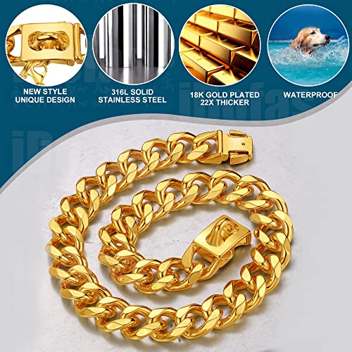 Image of Gold Dog Chain Collar 19mm Metal Chain Collar with Secure Buckle 18K Gold Cuban Link Dog Collar Heavy Duty for Medium Large Dogs.(16 inch)