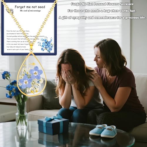 Image of Miscarriage Gifts for Mothers, Forget Me Not Pressed Flowers Necklace, Baby Loss Grief Sympathy Gift for Women, Child Loss Memorial Gifts Jewelry