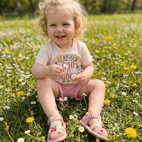 Doqcey Toddler Baby Girl Christian Clothes God Is Good All The Time Flower Embroidered T Shirt Shorts Set Summer Outfits 2Pcs (Pink, 2-3T)
