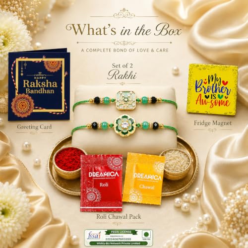 Image of Dreamica Set of 2 Designer Rakhi for Brother | Combo with ?My Brother is Awesome? Fridge Magnet, Tilak Set (Roli-Chawal), and Greeting Card | Best Rakhi Gift for Brother (Rakhi-68)