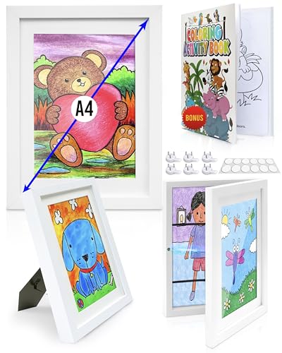 KidGallery Cornici Porta Disegni Bambini – 2 Cornici per Disegni Bambini Apribili A4 Bianche – Libro da Colorare Incluso – Archiviazione Pratica – Regalo Creativo per una Decorazione Personalizzata