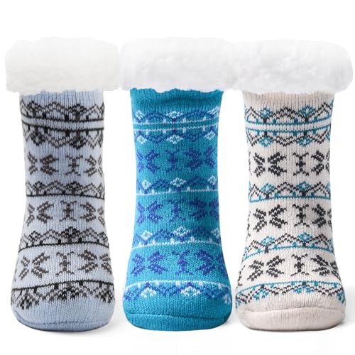 Qterdiz Kids Boys Winter Socks Warm Fuzzy Socks for Girls Home Floor Soft Lined Fluffy Socks with Grips Xmas Stripes 3 Pack 4-7 Years