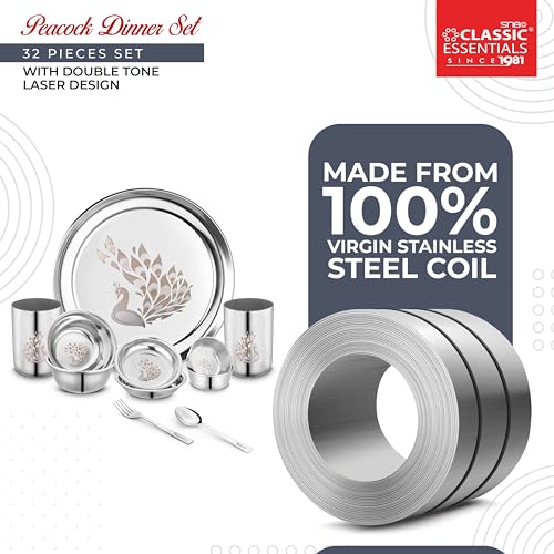 Image of Classic Essentials Stainless Steel Dinner Set|Serves 4 People|Heavy Gauge|Kitchen Set|Permanent Laser-Peacock, (Set of 32)