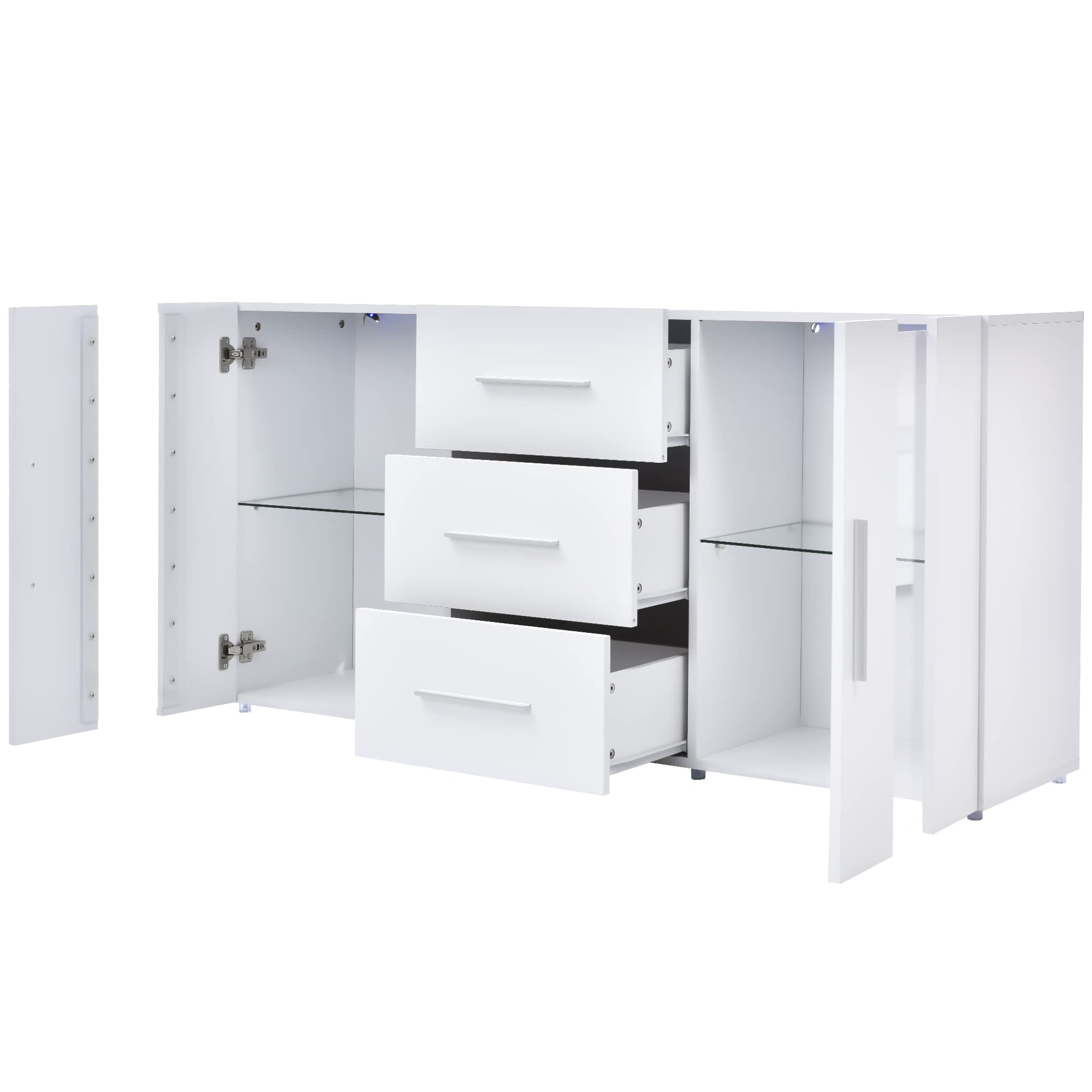 Azkoeesy Aparador LED 140 x 35 x 72 cm, Blanco, Cómoda con 3 cajones - Puertas acrílicas - Tiradores Plateados - Mueble TV/Buffet para Comedor/salón/Cocina