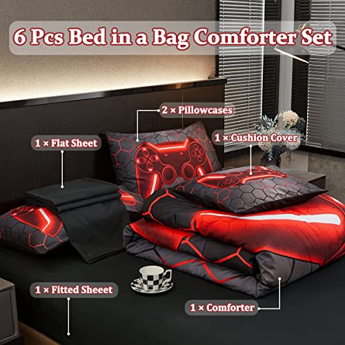 Image of Game Console Red Comforter Set with Sheets, 6 Pcs Bed in A Bag Geometric Lightweight Full Size Boys Bedding Set for Girls Kids
