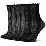 Utensilsto 6 Paar Rüschen Socken,Baumwolle Atmungsaktive Netzsocken mit Rüschen,Mittelhoch Rüschensocken für Damen, Gothic Socken, Trachtensocken, EU 35-40 Schwarz