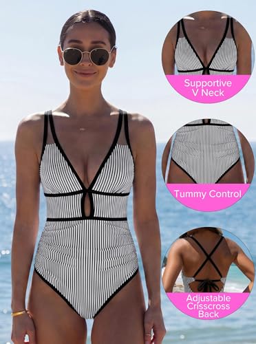 Image of popvil Women One Piece Swimsuit 2026 Tummy Control Sexy Cutout Neon Color Block Bathing Suit Slimming Adjustable Swimwear