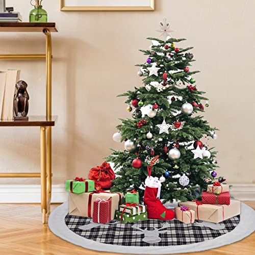 Buffalo Plaid Christmas Tree Skirt 48 in, Black and White Buffalo Check Christmas Tree Skirt with Faux Fur Edge for Holiday Christmas Decorations