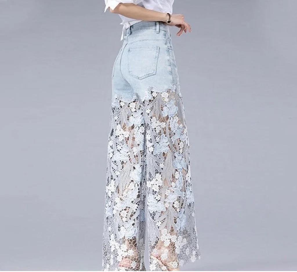 Women's Patchwork Applique Hollow Out Wide Leg Pants High Waist Loose Casual Jeans Trousers